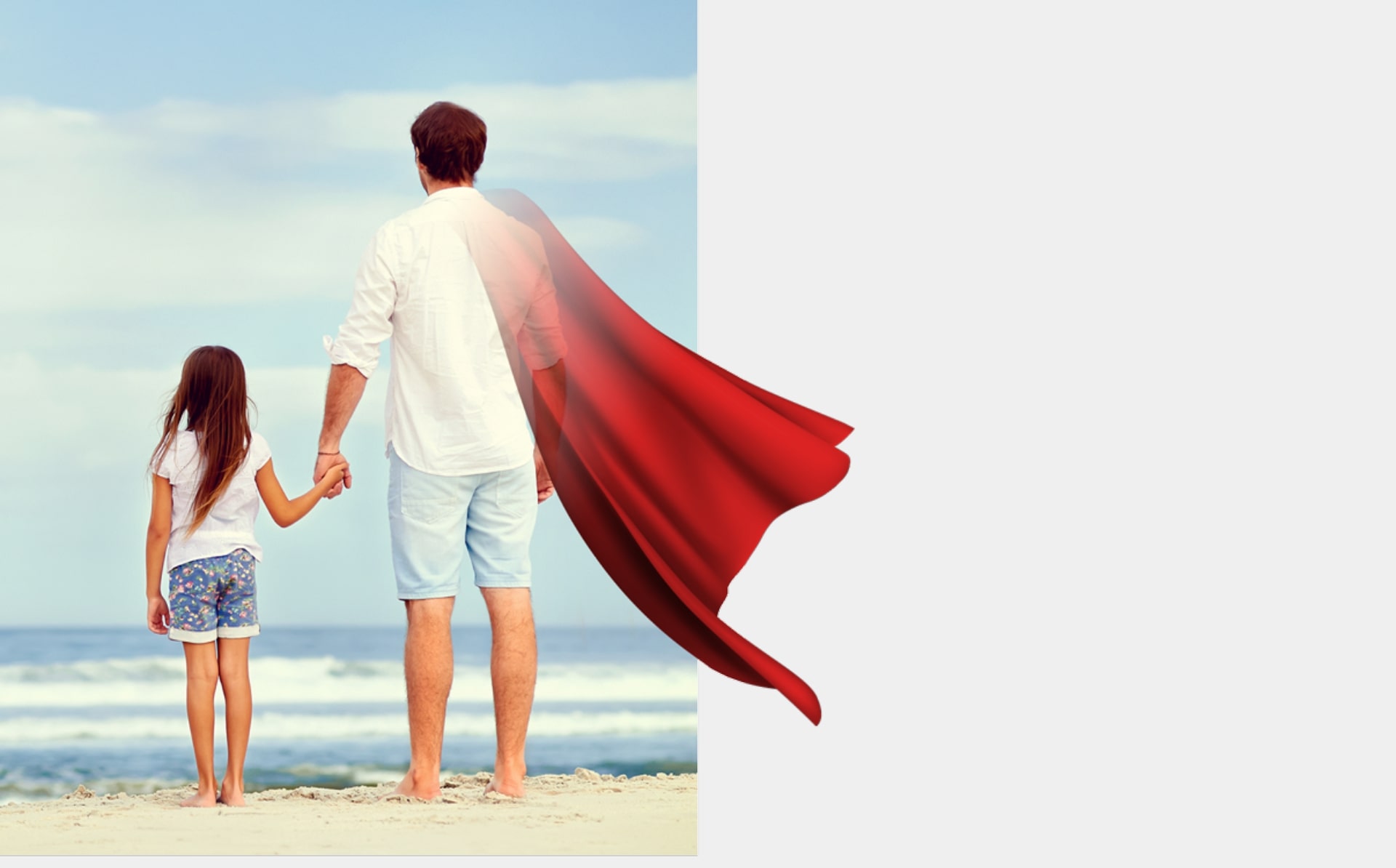 daughter and father (with a hero cape) standing on a beach in North Carolina