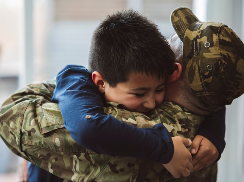Military, Army dad home from service hugging son